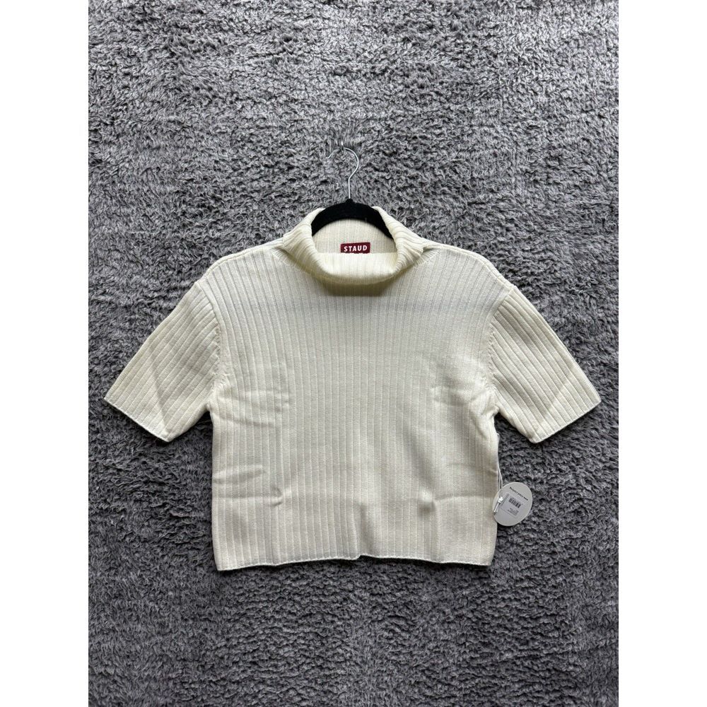 STAUD Short Sleeve Ribbed Turtleneck Lilou Neutral‎ Sweater Size Large Ivory NWT